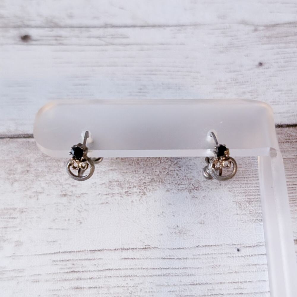 Vintage Screw Back Earrings Very Dainty & Small with Black Gem - Tarnished